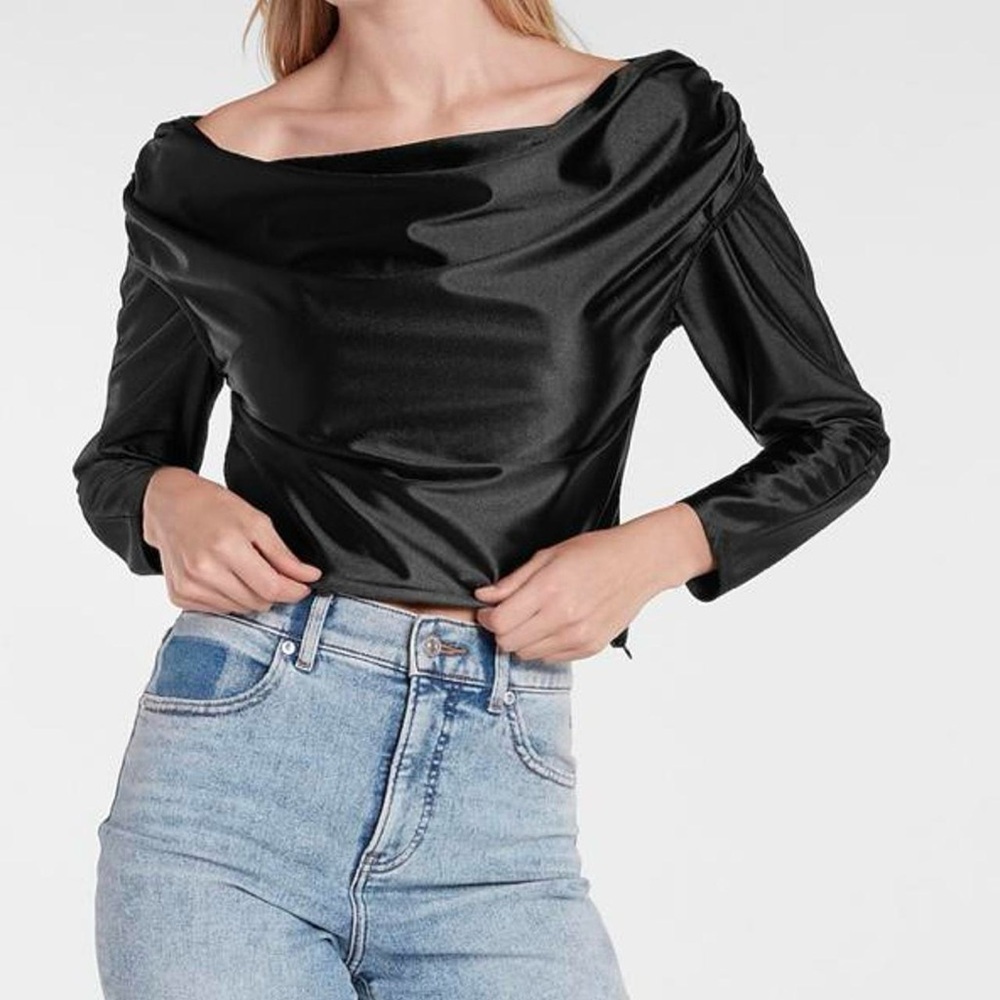 Express Womens Satin Draped Off Shoulder Long Sleeve Blouse Top Black (Size XL)